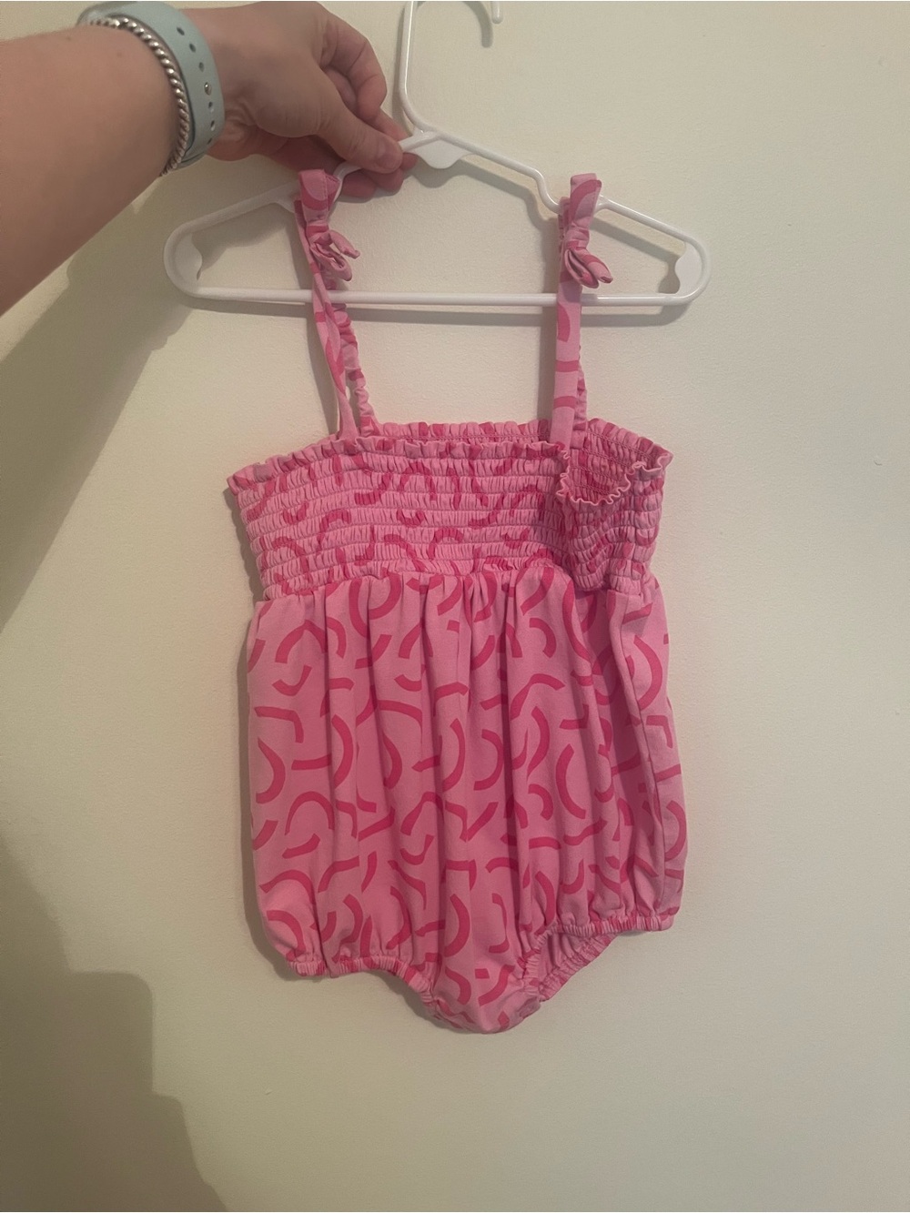 Toddler Pink Smocked Bubble Romper with Tied Shoulder Straps